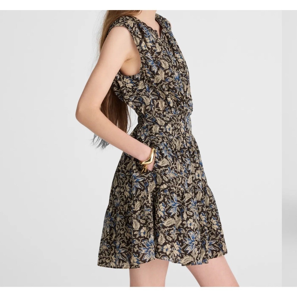 Madewell Floral Split Neck Mini Dress Dark Carob Brown Blue Small NW038 - Picture 3 of 12